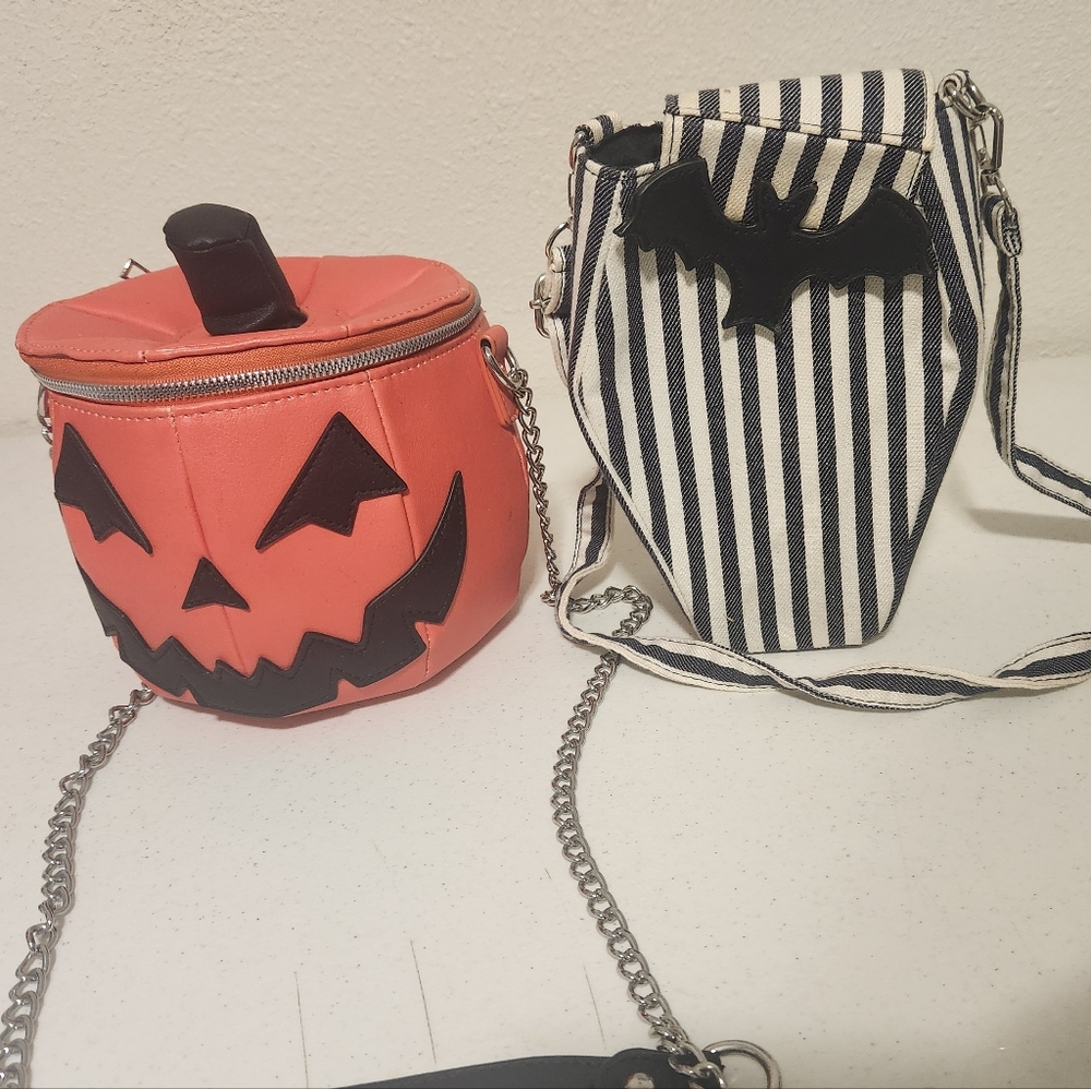 Halloween Pumpkin and Striped Bat Crossbody Purses